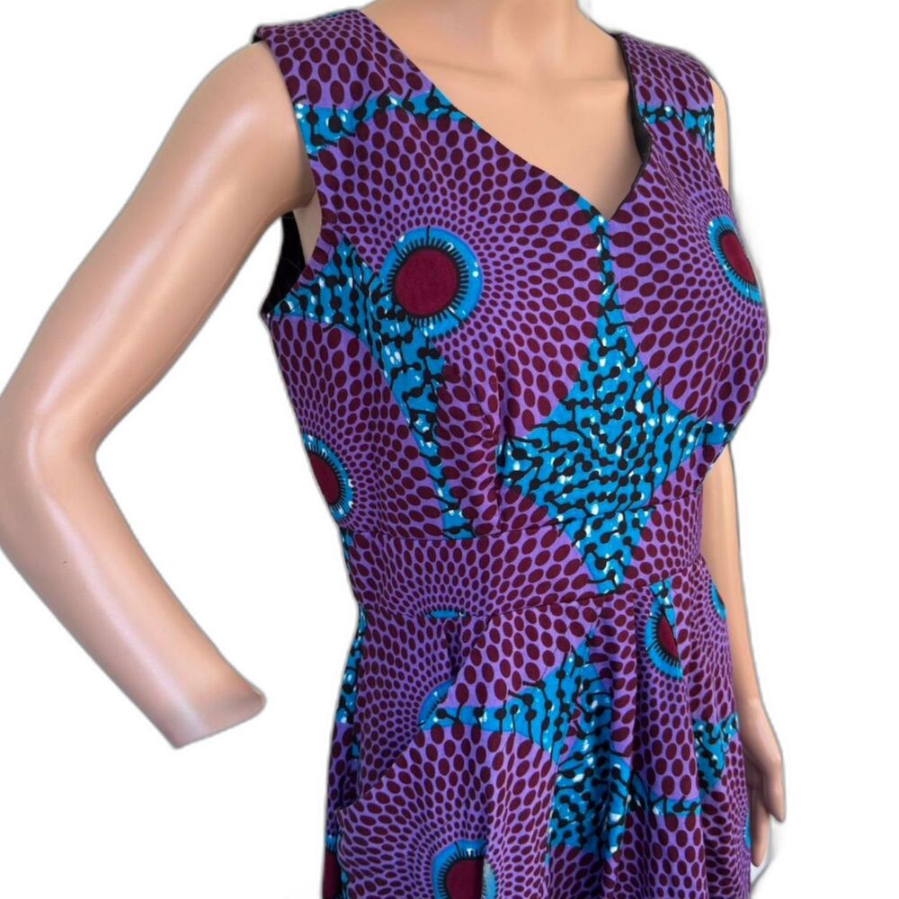 African Vibrant Purple Blue Print Maxi Dress Pockets 40 31 50